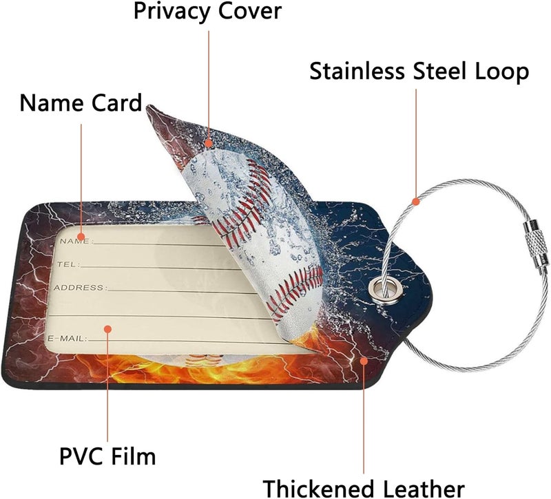 GACCAP 2 Pack Luggage Tags for Suitcase, Privacy Cover ID Label with Stainless Steel and Address Card for Travel Bag Backpack Cruise Ship Essentials Tag Men Boys - Cool Ice Fire Baseball - Image 3